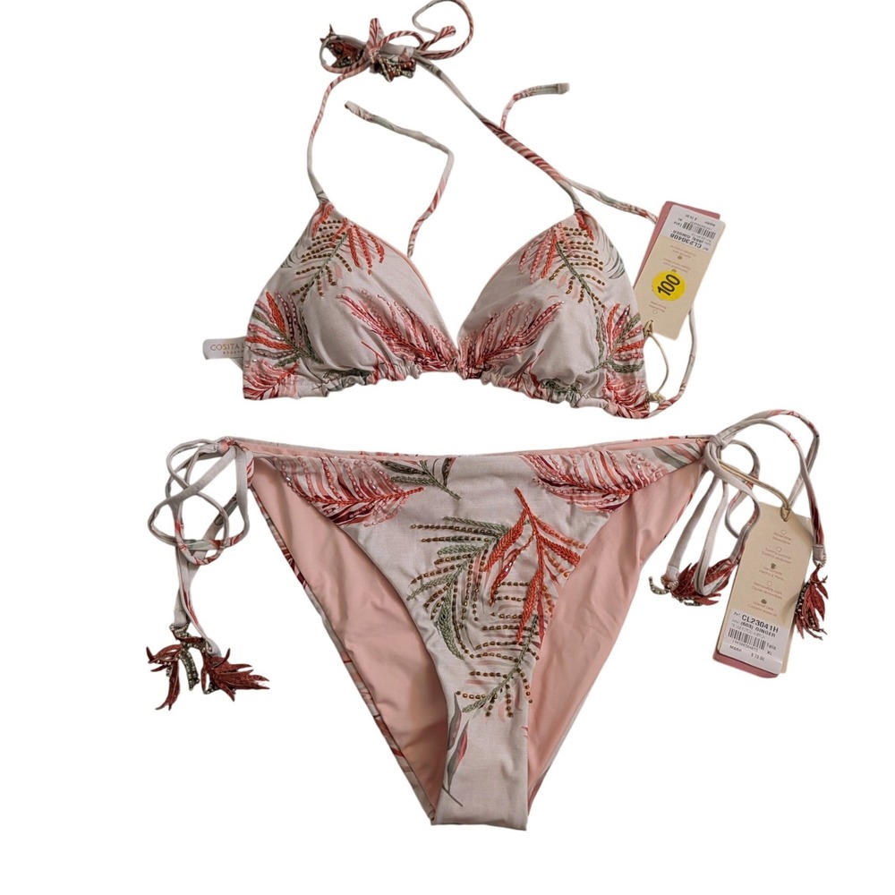 Cosita Linda Ginger Beaded Triangle Bikini Set XL Pink Palm Leaf Embroidery NEW‎